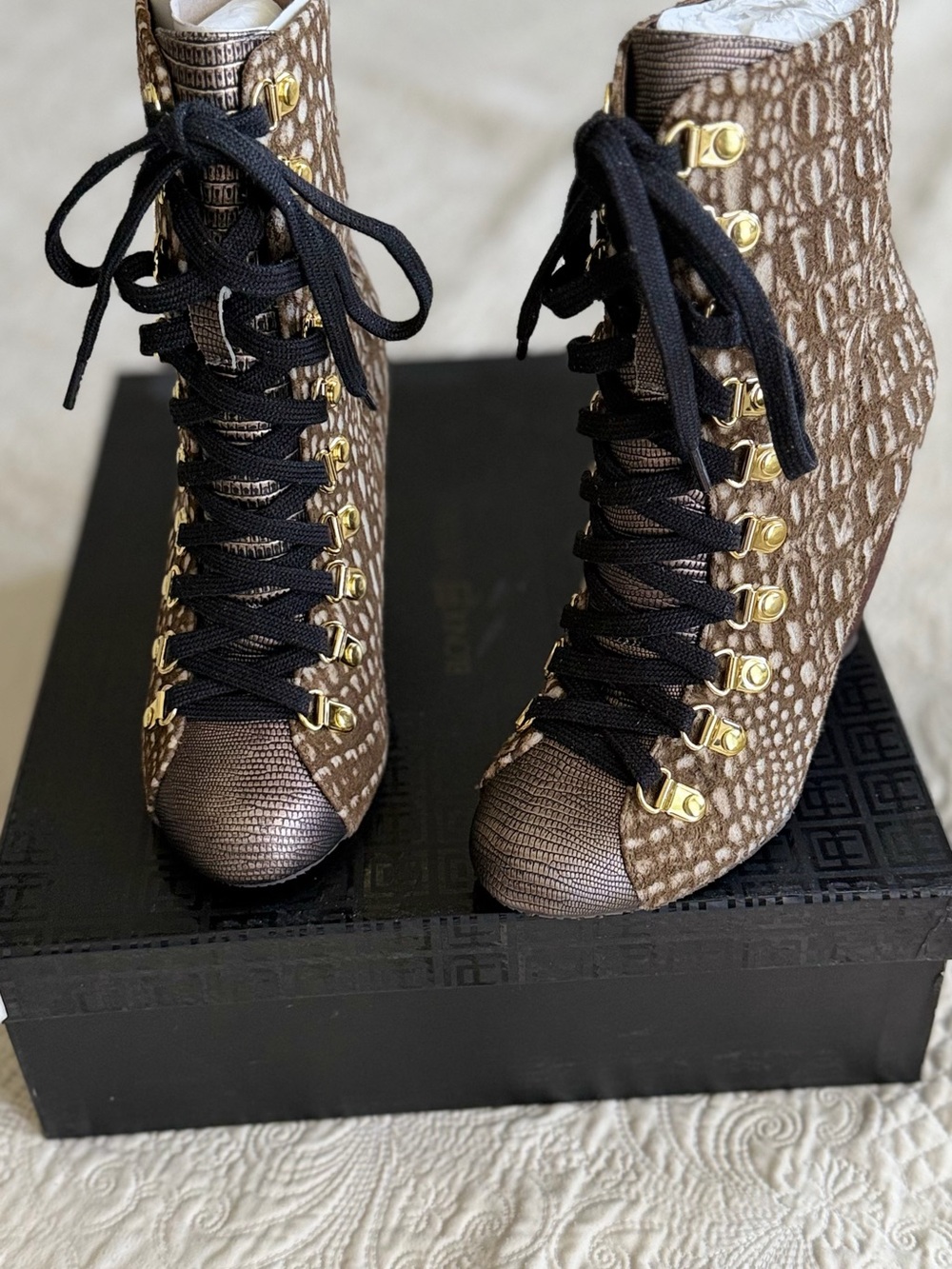 Women's Brown Lace-Up Ankle Boots with Gold Hardware